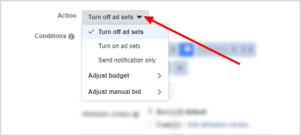 Опции от падащото меню за действие при създаване на правило на Facebook.