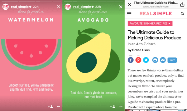 RealSimple създаде история в Instagram въз основа на публикация в блог за това как да изберем продукция; в края на историята зрителите могат да плъзгат нагоре, за да прочетат оригиналната публикация.