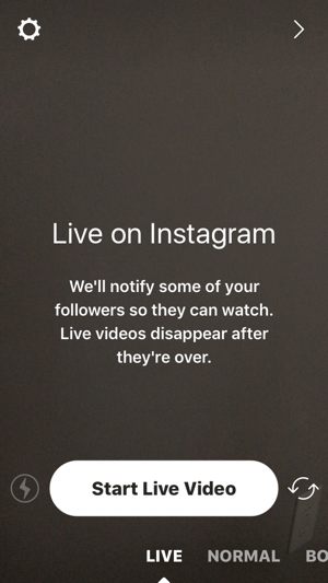 Докоснете иконата на камерата и след това докоснете Стартиране на видео на живо, за да стартирате потока си на живо в Instagram.