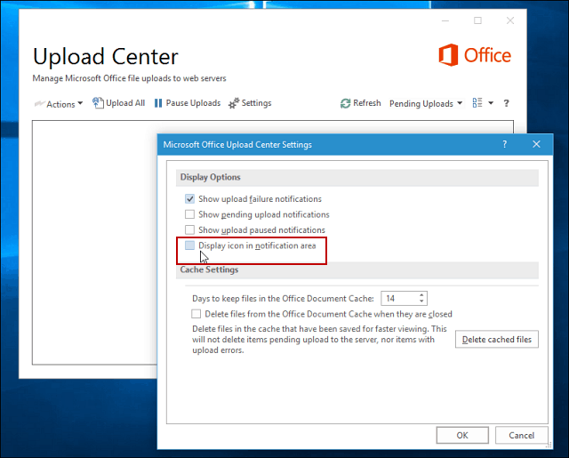 Опции за показване на център за качване на Microsoft Office