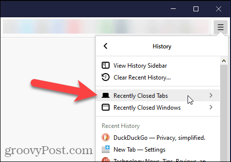 Изберете Наскоро затворени раздели в Firefox