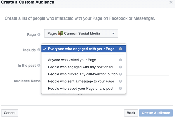 Докато стеснявате опциите за вашата персонализирана аудитория във Facebook, намирате конкретни начини за определяне на аудиторията, към която искате да насочите, като тези специфични за страниците взаимодействия.
