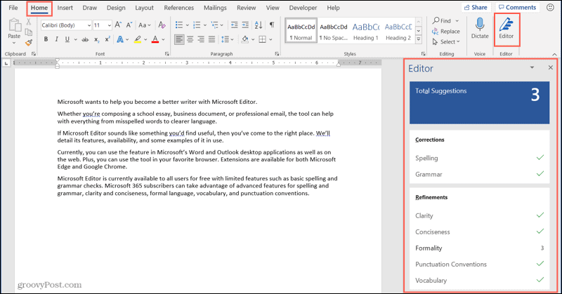 Бутон и странична лента на Microsoft Editor в работния плот на Word