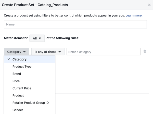 Използвайте инструмента за настройка на събития във Facebook, стъпка 28, опция от менюто на Facebook, за да приложите филтри, към които продуктите се показват на клиентите