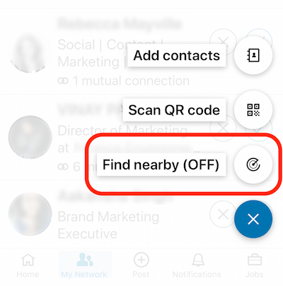 Опция Find Nearby в мобилното приложение LinkedIn