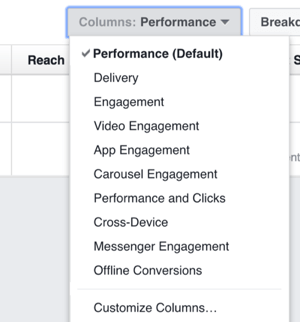Щракнете върху падащия списък Колони за опции за промяна на колоните, които виждате във Facebook Ads Manager.