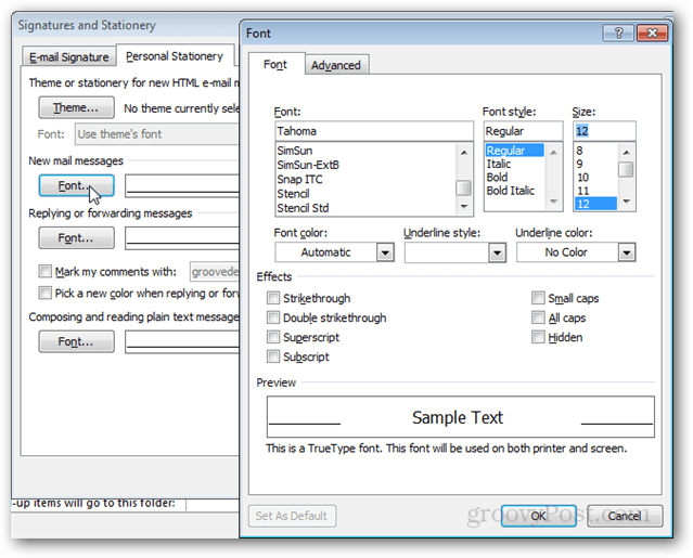 разширени опции за подпис и канцеларски материали в Outlook 2010