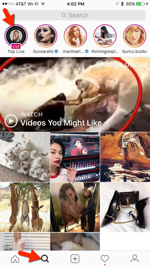 Instagram също включва актуални видеоклипове на живо в раздела Explore.