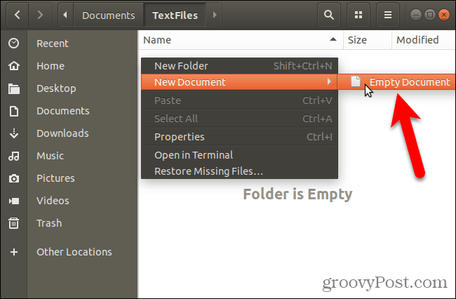 Създайте нов празен документ в Nautilus в Ubuntu Linux