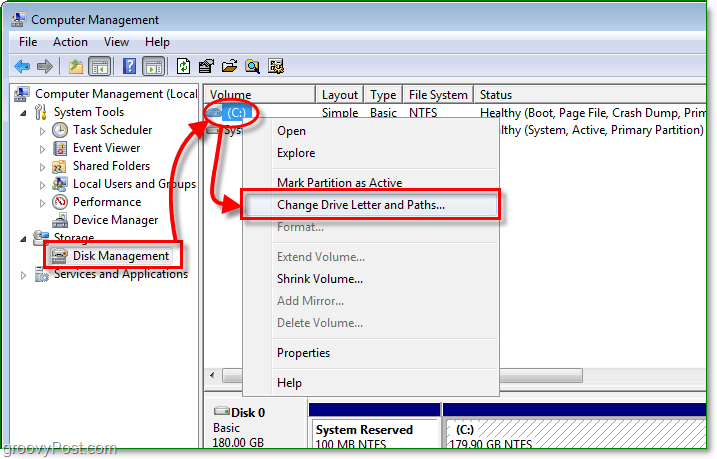 използвайте функцията за управление на диска, за да въведете диалоговия прозорец за промяна на буквата на устройството в Windows 7