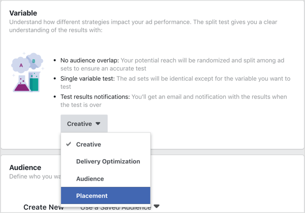 Изберете Placement като променлива, за да тествате с Facebook split test