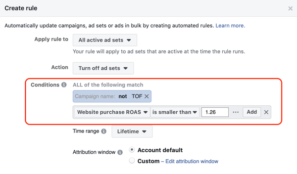 Използвайте автоматизирани правила на Facebook, спрете задаването на реклами, когато ROAS падне под минимума, стъпка 3, настройки за състоянието