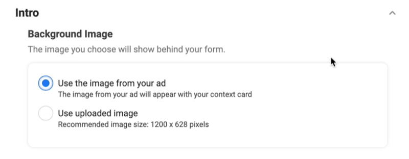 facebook водещи реклами създават нова опция за формуляр за олово, за да използвате фоново изображение с избраното изображение от вашата опция за реклама
