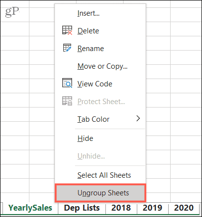 Разгрупиране на листове в Excel