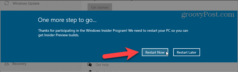 Рестартирайте, за да завършите регистрацията за компилации на Windows Insider