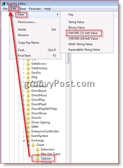 Windows Registry Editor, позволяващ възстановяване на имейли във Inbox for Outlook 2007 Dword