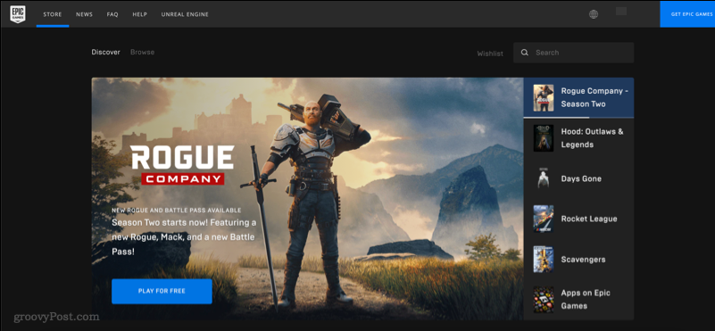 Екранна снимка, показваща уебсайта на Epic Games Store