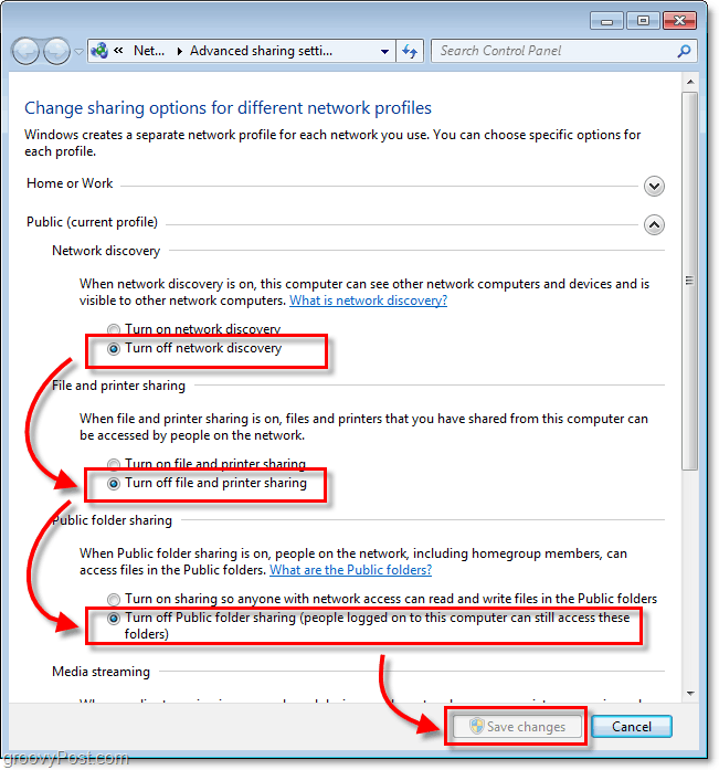 Как да деактивирате споделянето на файлове и откриването на мрежа в Windows 7