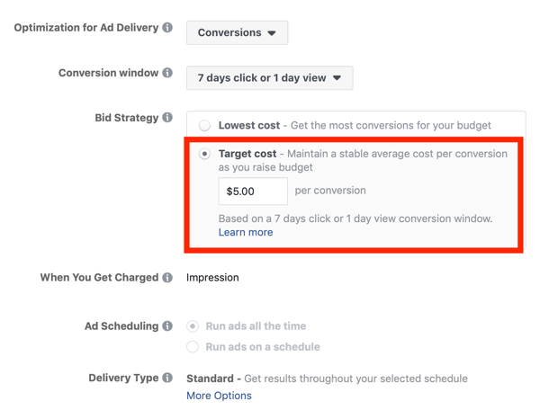Съвети за намаляване на разходите за реклами във Facebook, опция за задаване на стратегия за офериране за целева цена