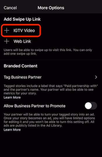 опция за добавяне на плъзгаща се връзка към IGTV видео