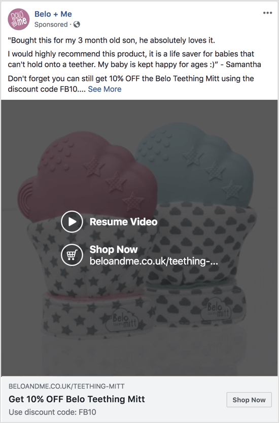 Тази реклама във Facebook използва видео слайдшоу, за да насърчи отстъпка за определен продукт.