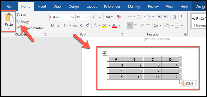 Поставени клетки от електронна таблица в Excel, показани като таблица в Word