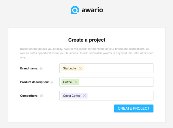 Как да използваме Awario за слушане в социални медии, стъпка 1 създайте проект.