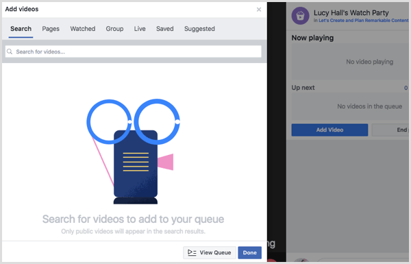 Изберете източник, за да добавите видеоклипове към опашката си за гледане във Facebook.