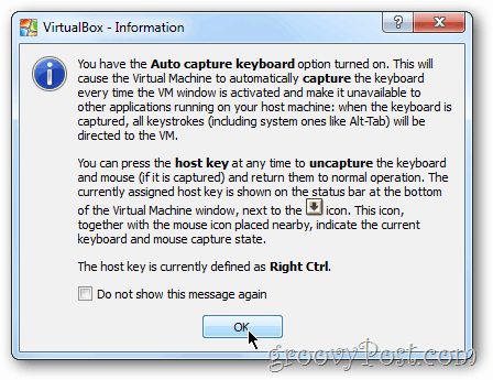 Предупреждение за VirtualBox за Windows 8 на клавиатурата