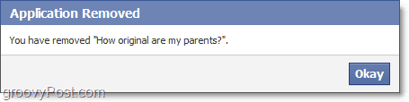 потвърждение, че приложението във фейсбук е премахнато