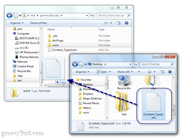ръчно редактиране на docx xml в Windows 7