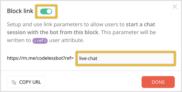 Опция за блокиране на връзка ChatFuel