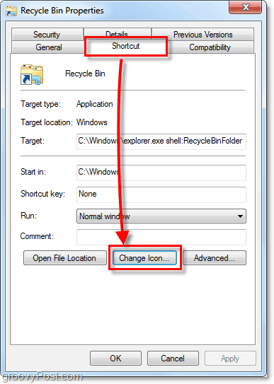 променете иконата за пряк път в Windows 7