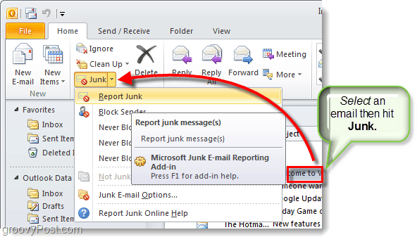 инструмент за отчитане на нежелана поща в Outlook 2010