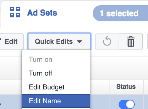 Във Facebook Power Editor изберете Edit Name от падащото меню Quick Edits.