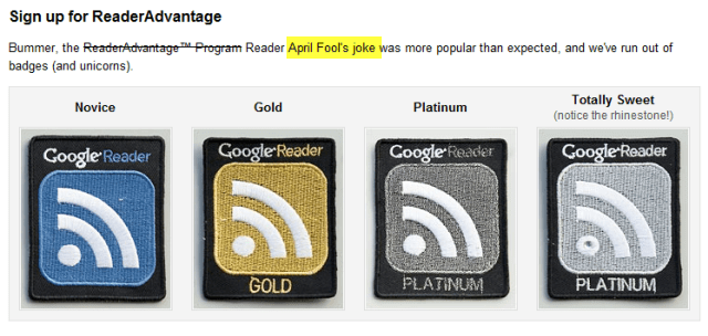 Google Reader 2010 април Fools Reader предимство значка