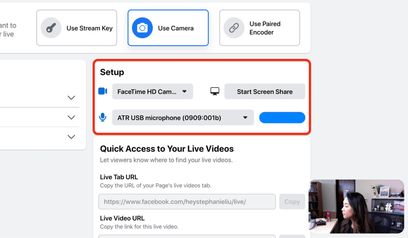 опция за настройка на потока на живо във facebook, за да изберете камерата и микрофона и / или споделянето на екрана