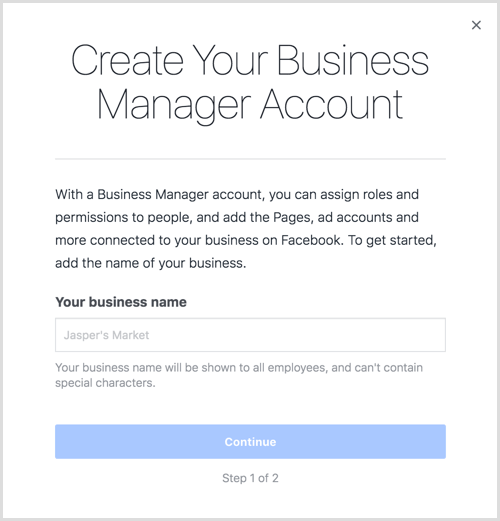 Въведете името на вашия бизнес, за да създадете своя акаунт в Business Manager.
