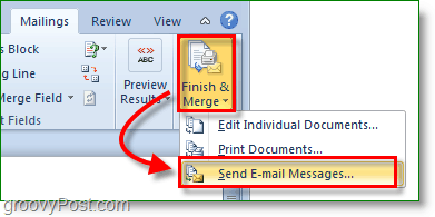 Снимка на екрана на Outlook 2010 - завършване и сливане и изпращане на имейл съобщения