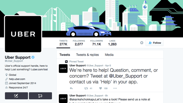 Uber има отделна дръжка в Twitter за поддръжка на Uber.