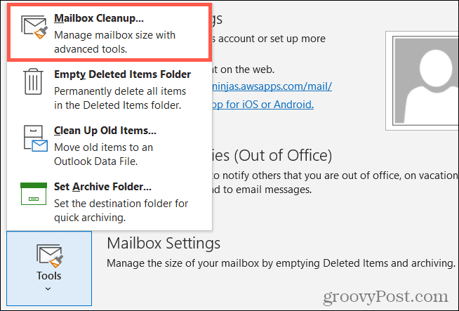 Инструменти, почистване на пощенска кутия в Outlook
