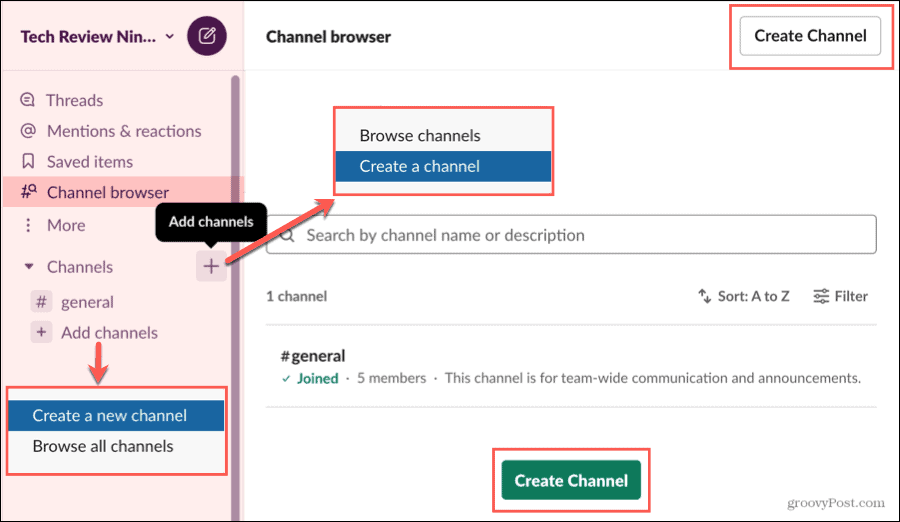 Създайте канал в браузъра на Slack Channel
