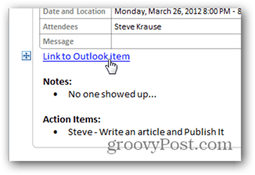Кликнете върху Връщане обратно към елемент от календара на Outlook