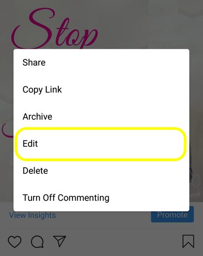 Как да добавите алтернативен текст към публикации в Instagram, стъпка 5, опция за редактиране на публикация. 