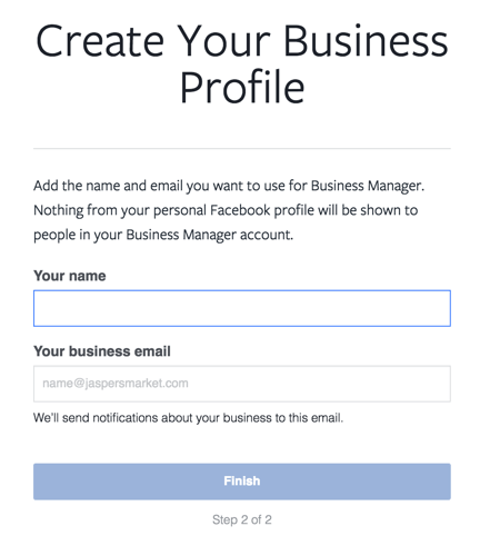 Въведете вашето име и служебен имейл, за да завършите настройката на вашия акаунт във Facebook Business Manager.