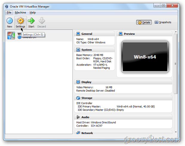Настройките на VirtualBox конфигурират Windows 8