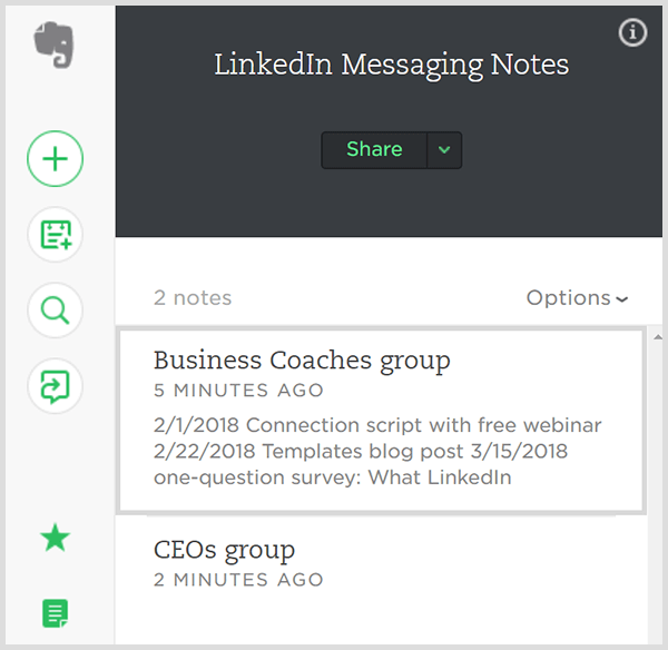 Проследявайте съобщенията, изпратени до групи от контакти в LinkedIn в Evernote. 
