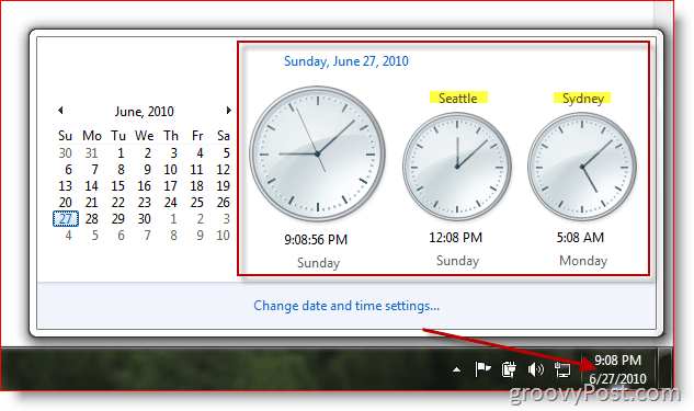 Microsoft Windows 7, показващи допълнителни часовници в различни часови зони