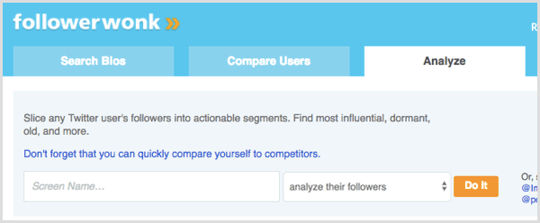 FollowerWonk търсене за анализ на последователи на потребител на Twitter
